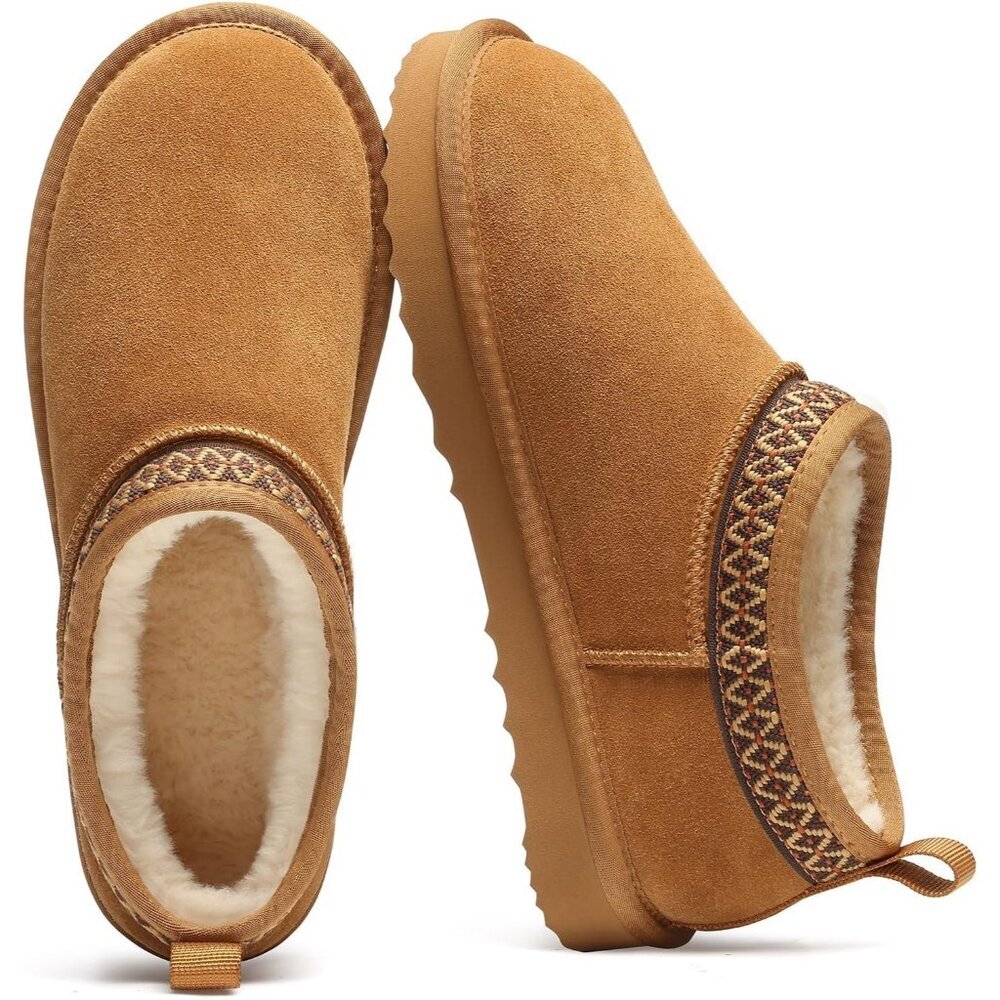Women's Suede Mini Boots Winter Fuzzy Snow Boots Short Ankle Boot Fur Chestnut